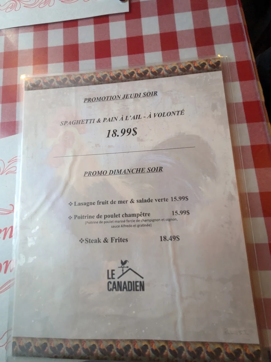 Menu, Restaurant Le Canadien