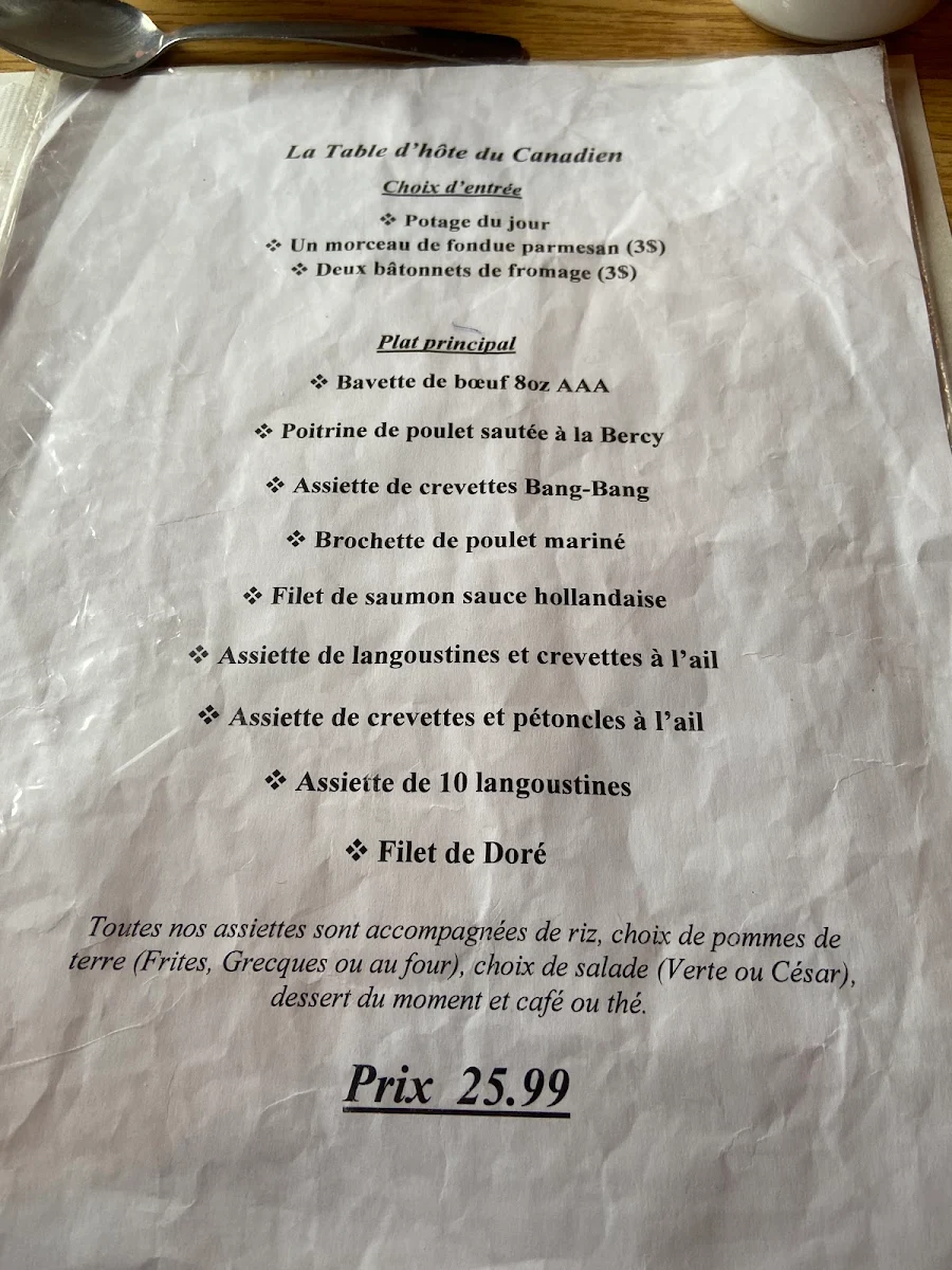 Menu, Restaurant Le Canadien