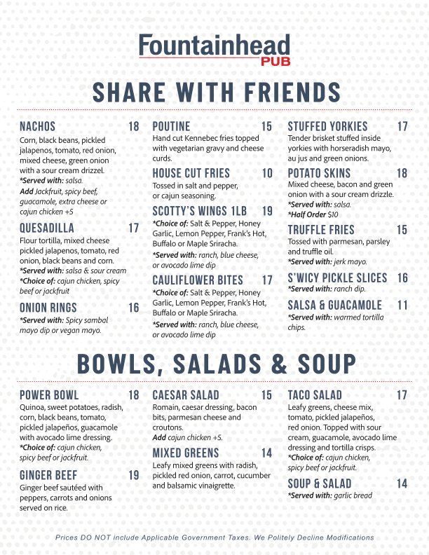 Menu, The Fountainhead Pub