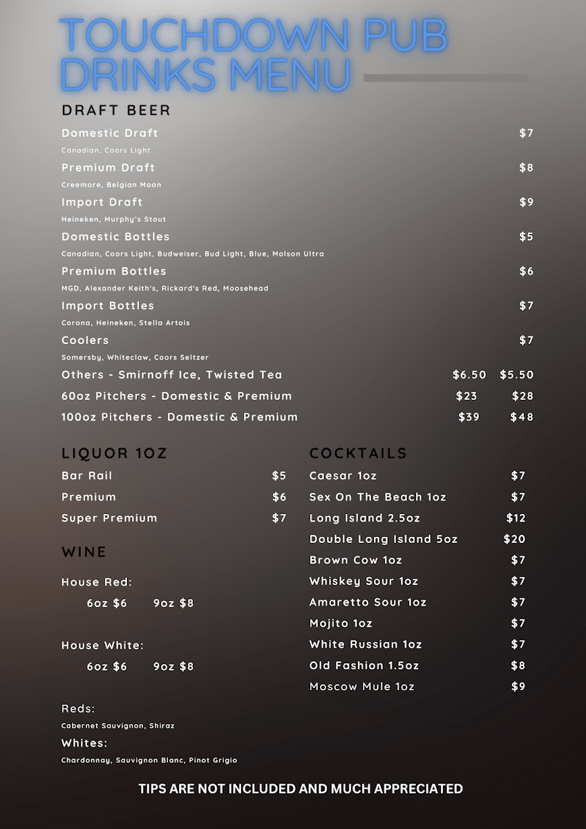 Menu, Barton Touchdown Pub