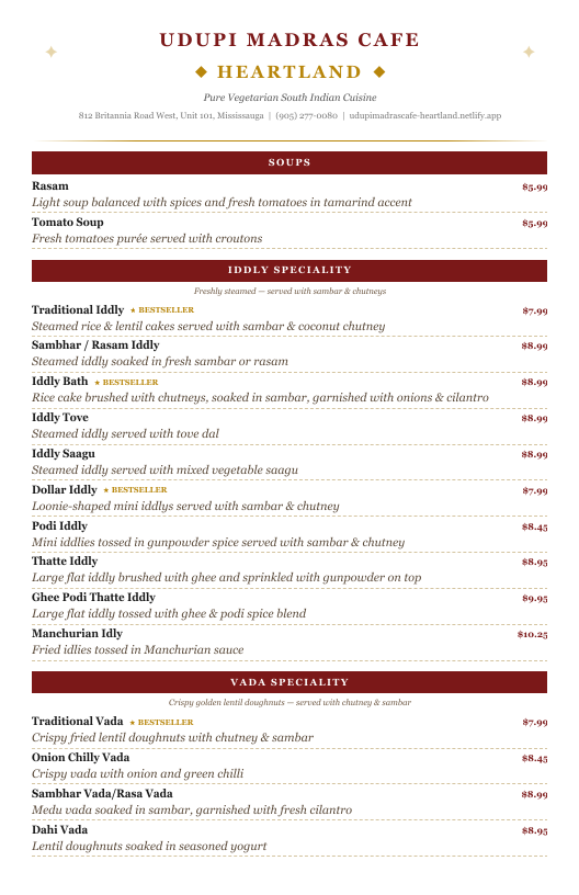 Menu, Udupi Madras Cafe @ Heartland