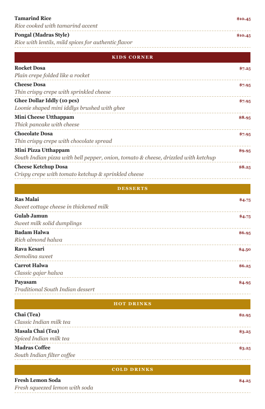 Menu, Udupi Madras Cafe @ Heartland