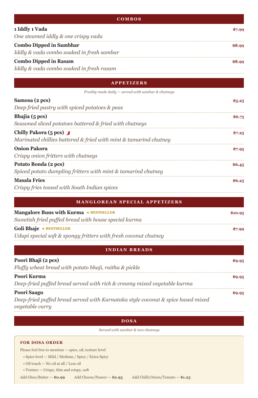 Menu, Udupi Madras Cafe @ Heartland