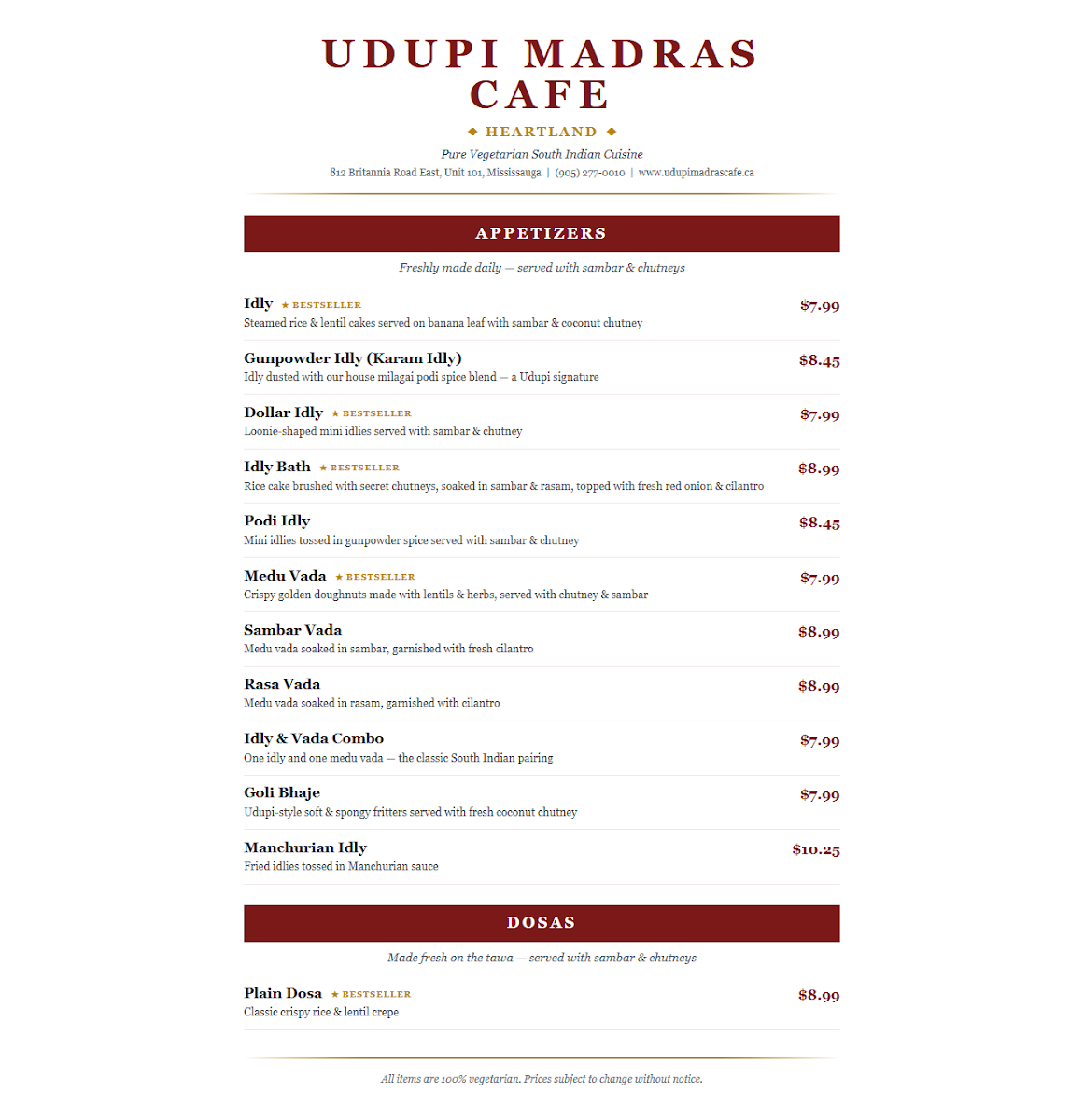 Menu, Udupi Madras Cafe @ Heartland