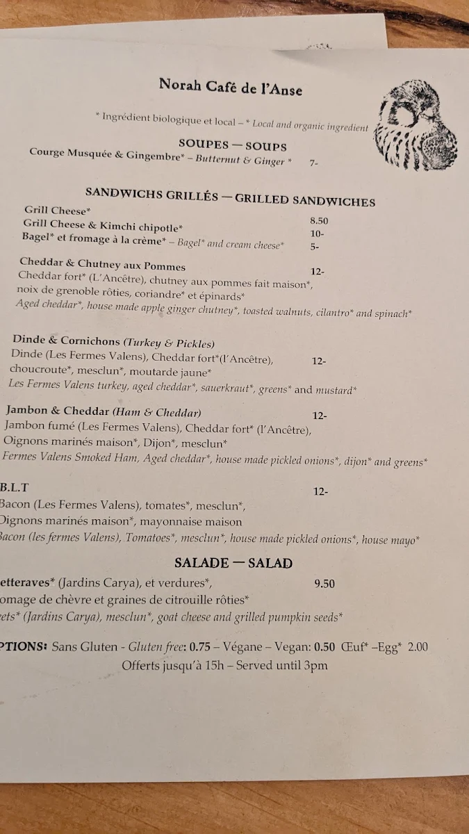 Menu, Norah Café de l'Anse