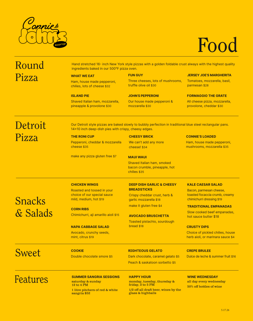Menu, Connie & John's Roof Top Patio