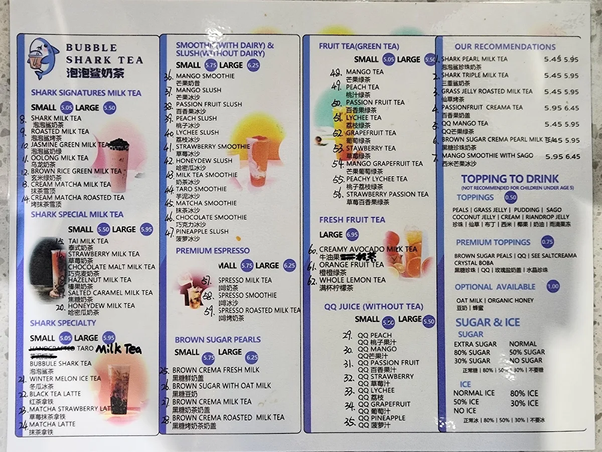 Menu, Bubble Shark Tea