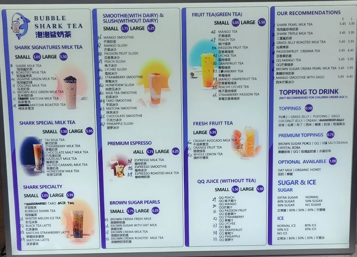 Menu, Bubble Shark Tea