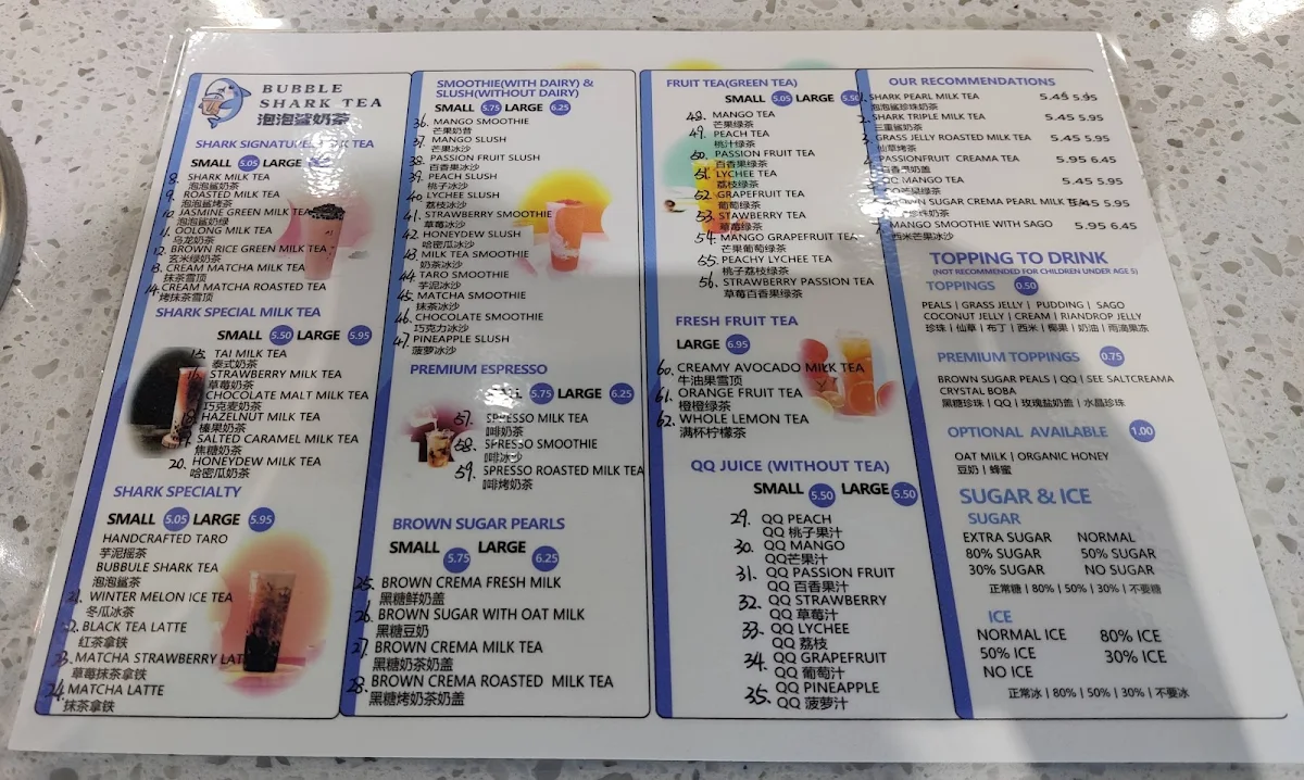 Menu, Bubble Shark Tea