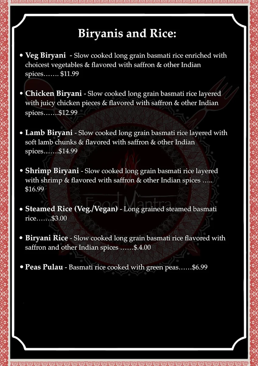Menu, Food Mantra