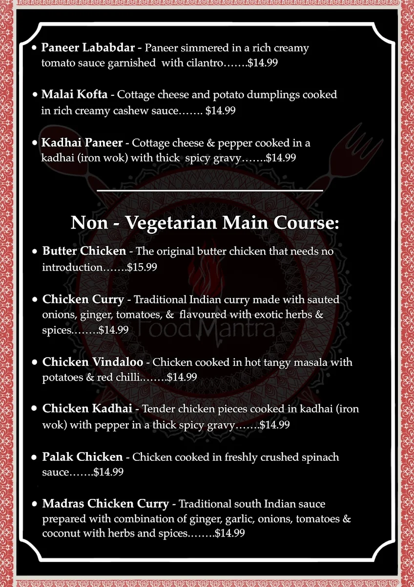 Menu, Food Mantra