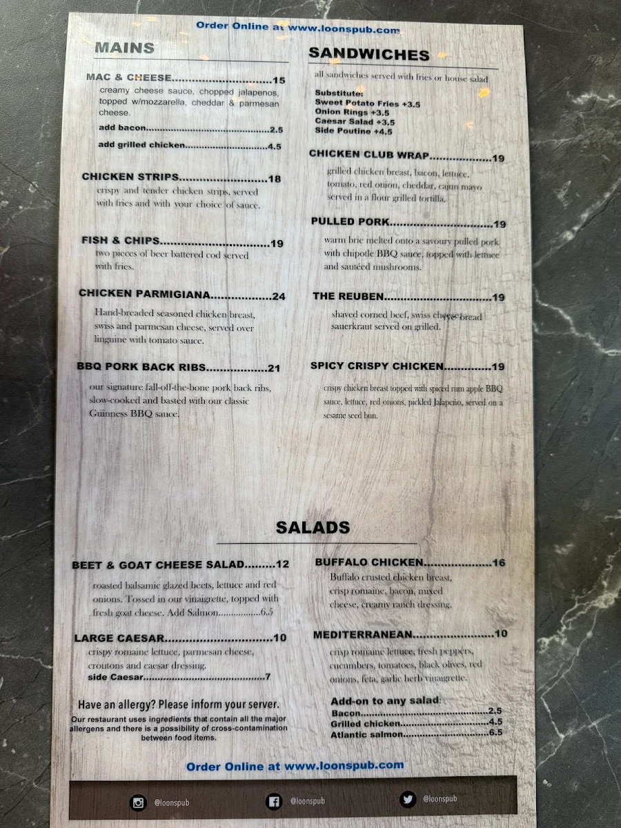 Menu, Loons