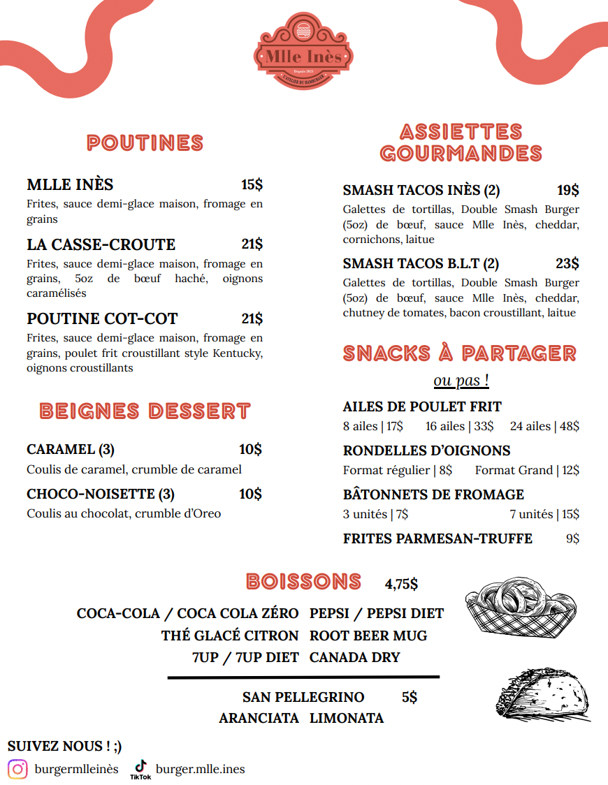 Menu, Mlle Inès | l'Atelier du hamburger | District Gourmet Sainte-Foy