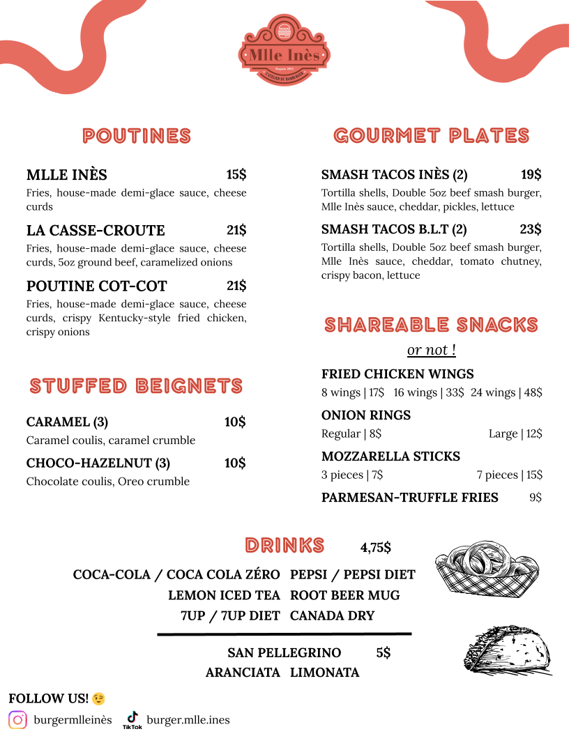Menu, Mlle Inès | l'Atelier du hamburger | District Gourmet Sainte-Foy