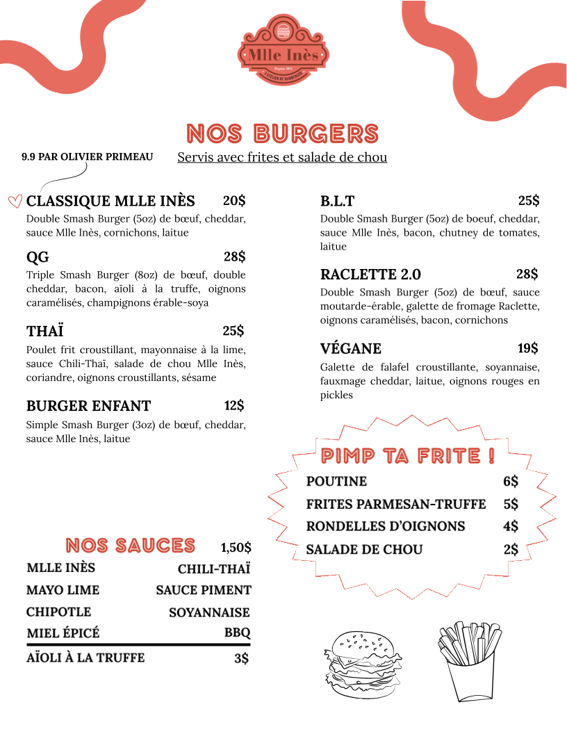 Menu, Mlle Inès | l'Atelier du hamburger | District Gourmet Sainte-Foy