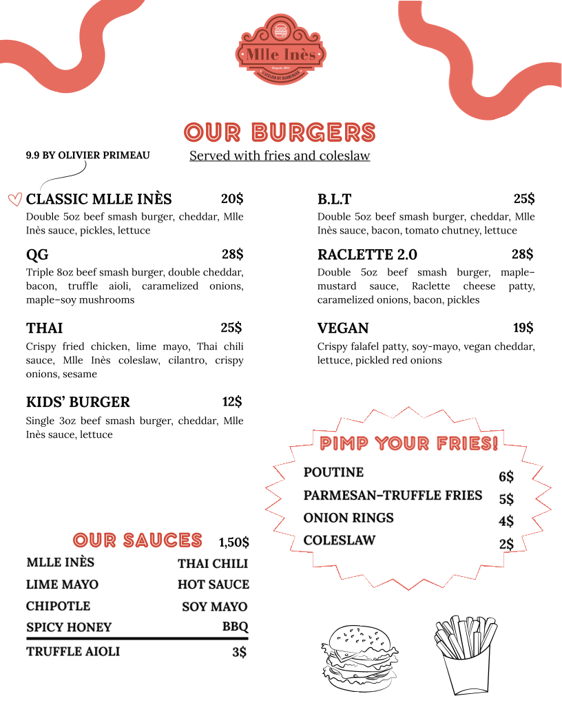 Menu, Mlle Inès | l'Atelier du hamburger | District Gourmet Sainte-Foy