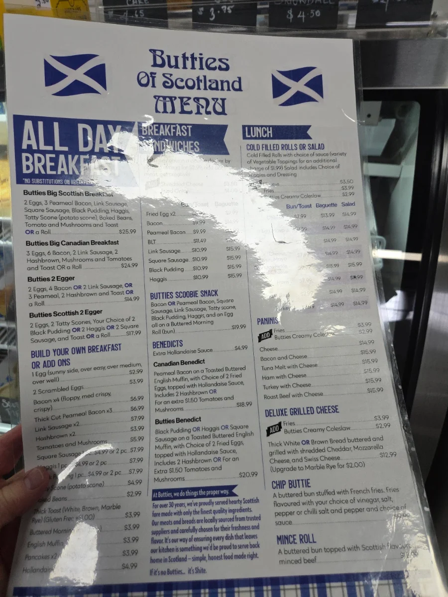 Menu, Butties of Scotland
