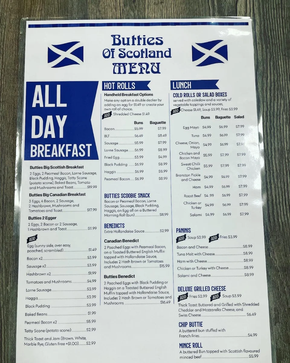 Menu, Butties of Scotland