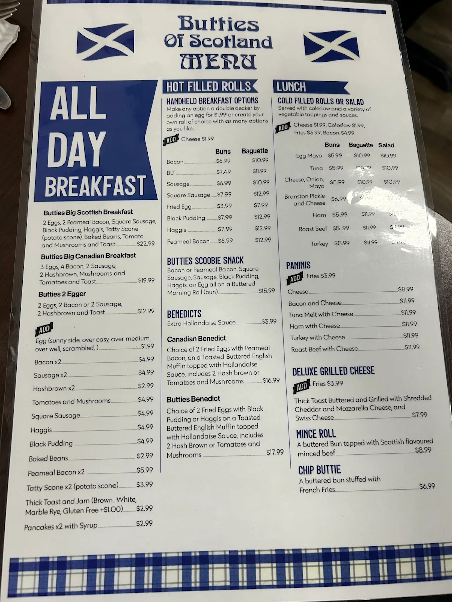 Menu, Butties of Scotland