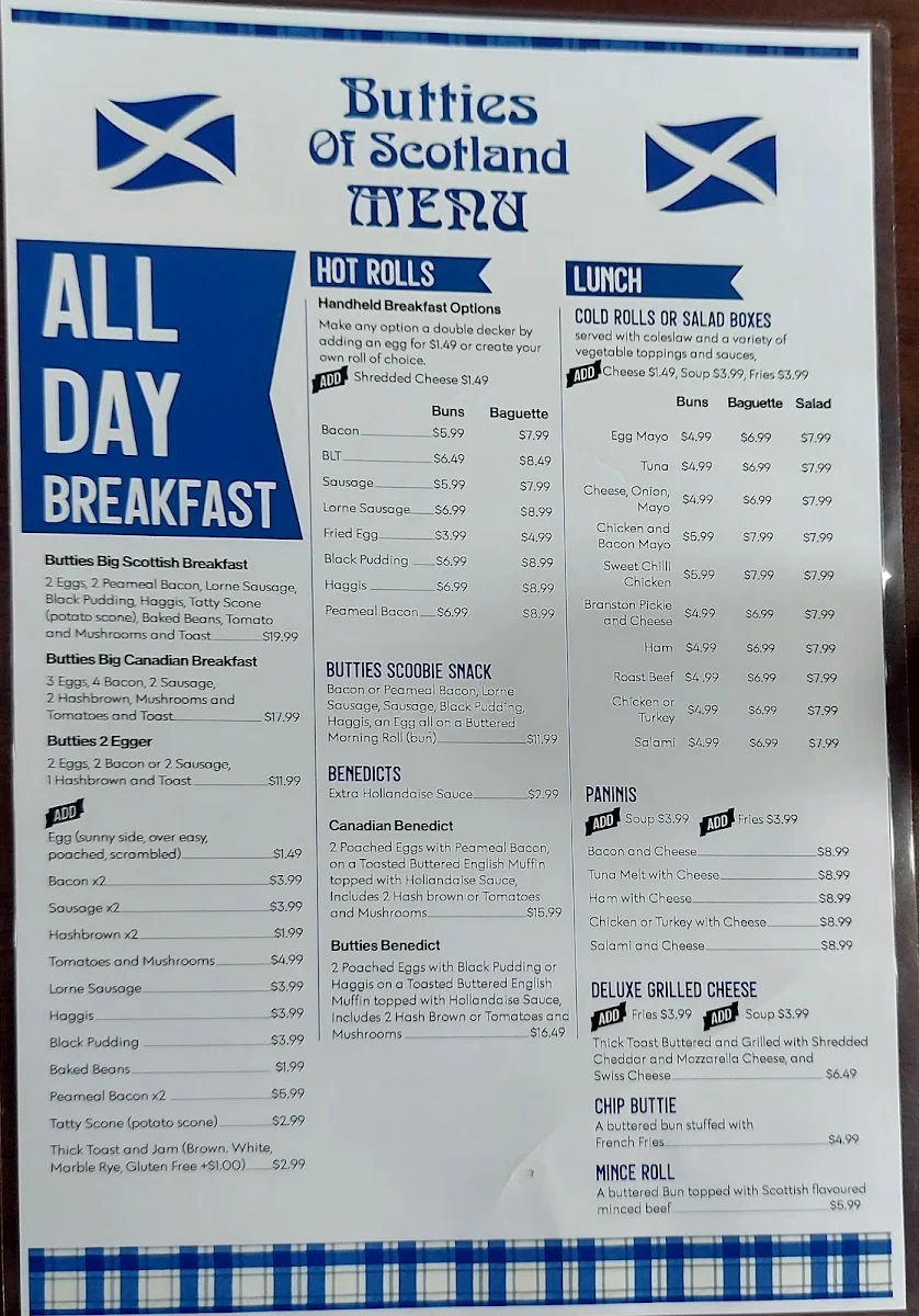 Menu, Butties of Scotland