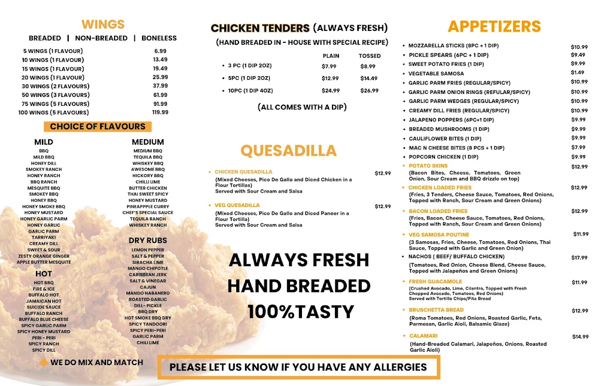 Menu, Wing Boyz Summerside