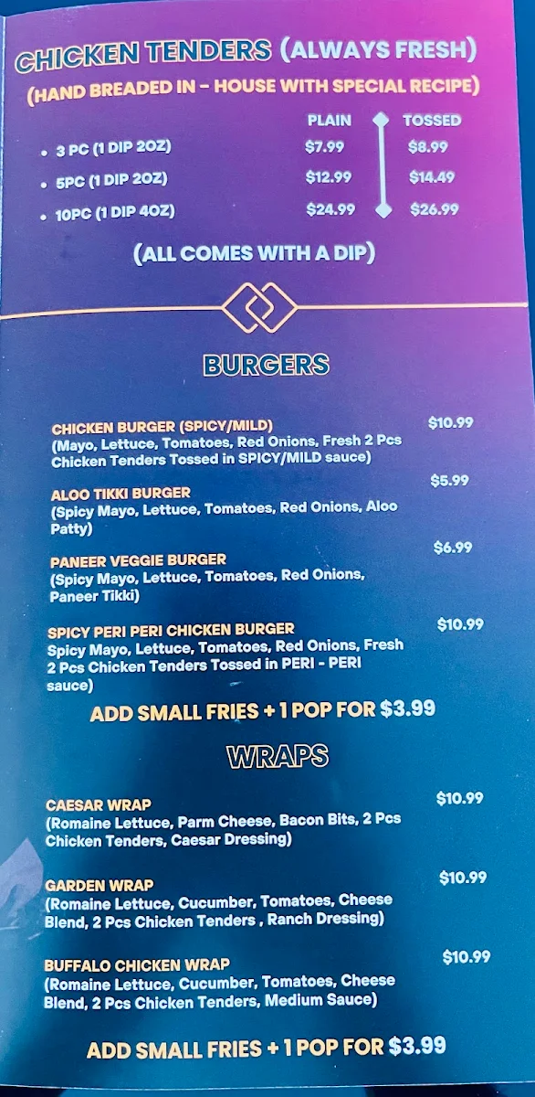 Menu, Wing Boyz Summerside