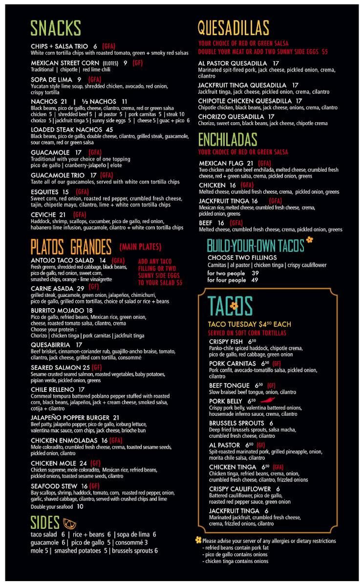 Menu, Antojo Tacos + Tequila