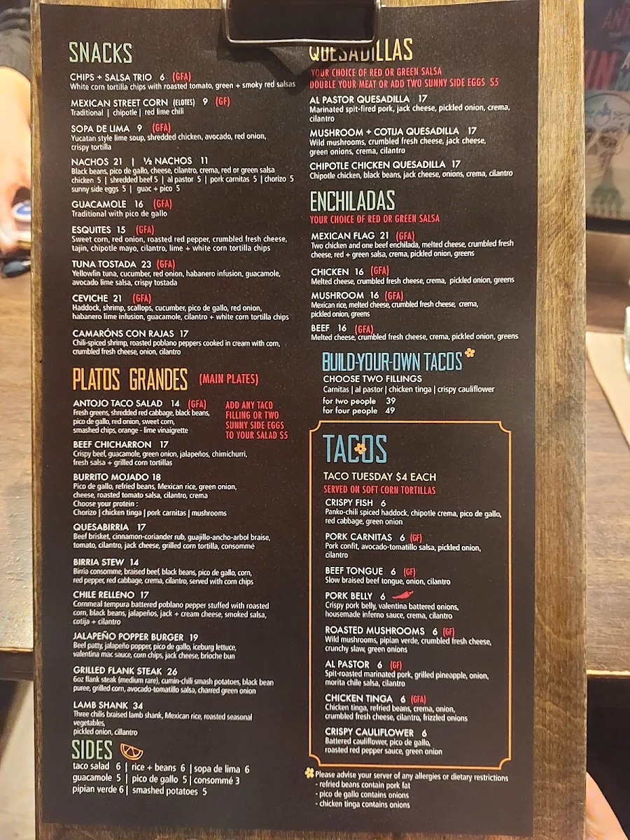 Menu, Antojo Tacos + Tequila