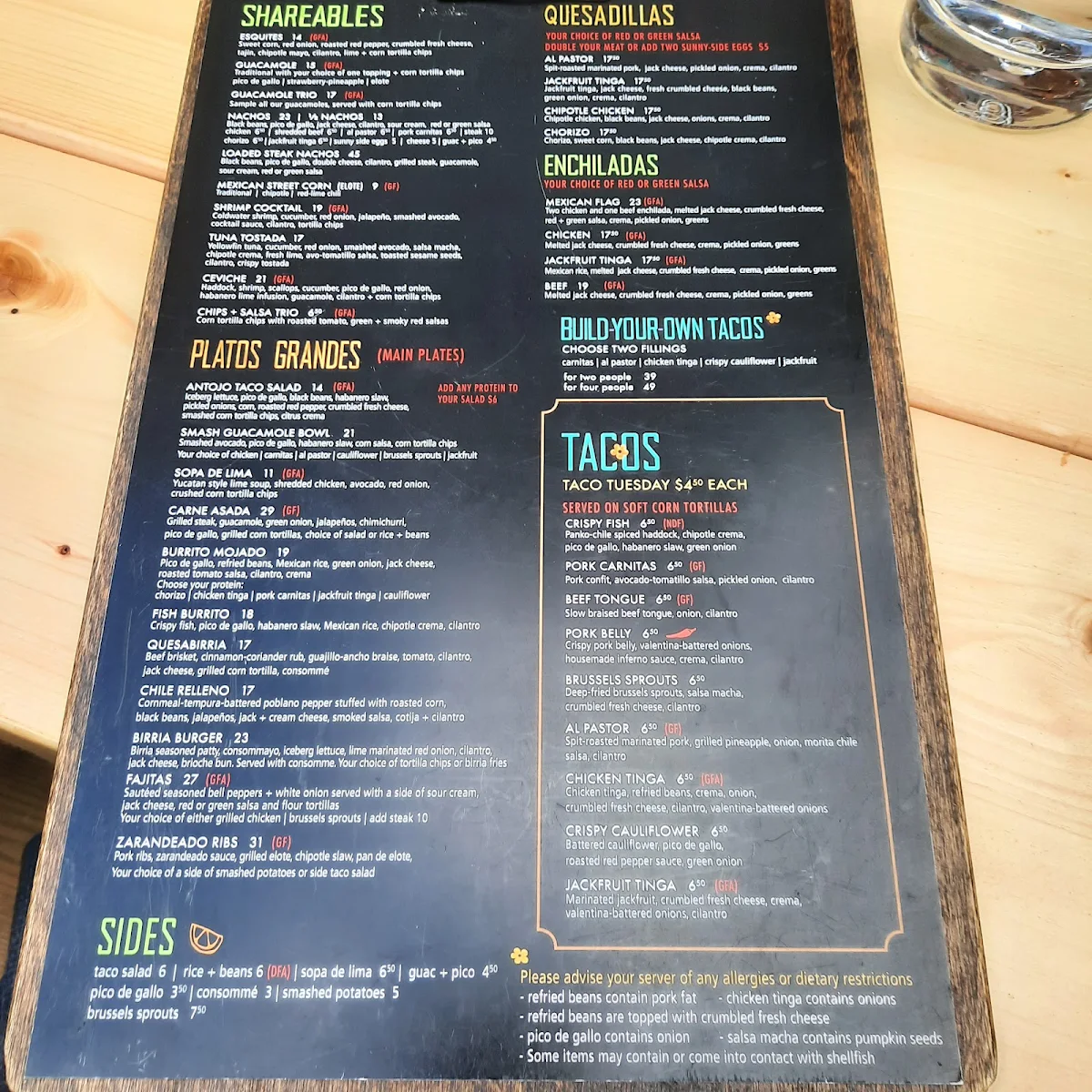 Menu, Antojo Tacos + Tequila