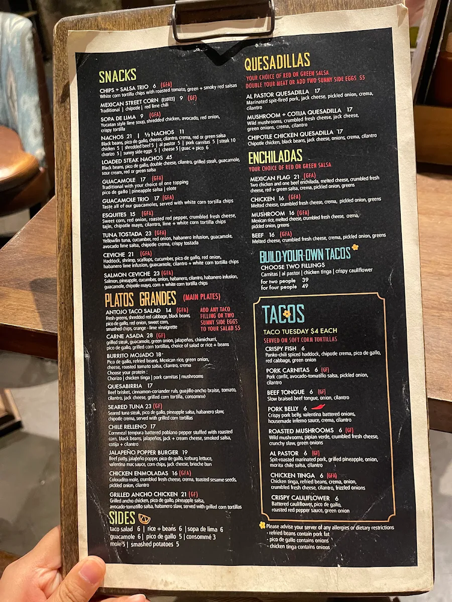 Menu, Antojo Tacos + Tequila
