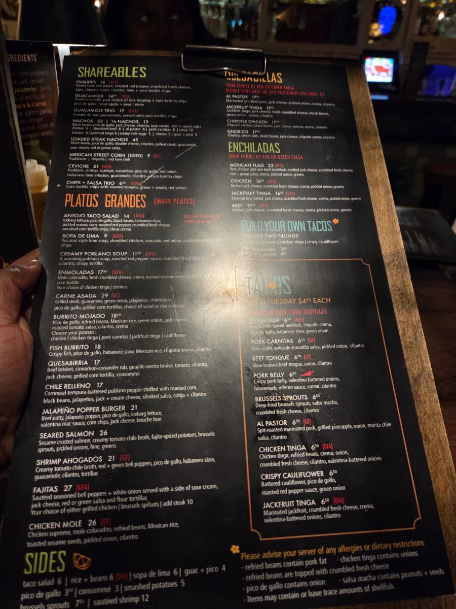 Menu, Antojo Tacos + Tequila