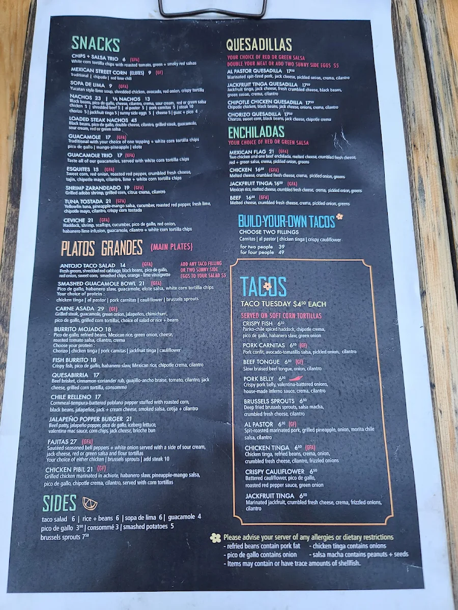 Menu, Antojo Tacos + Tequila