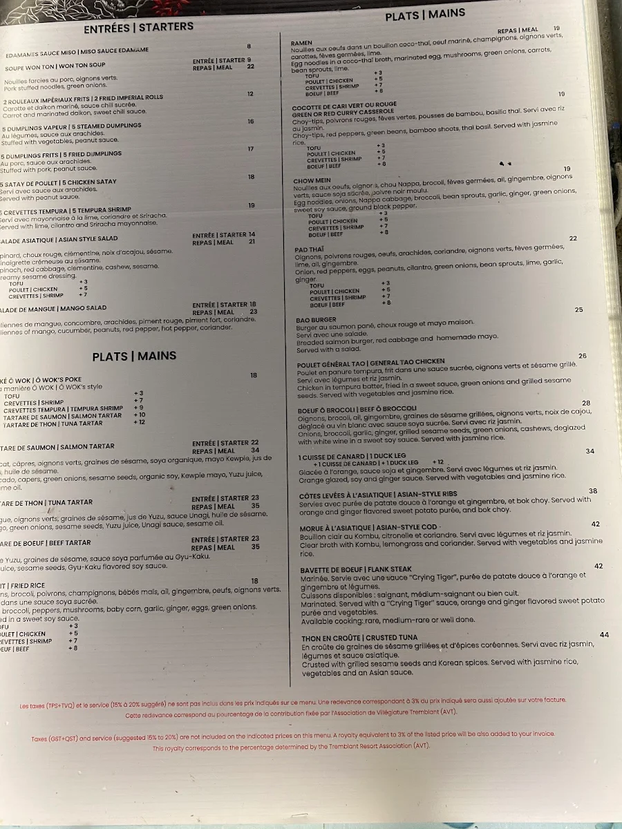 Menu, Ôwok Mont-Tremblant