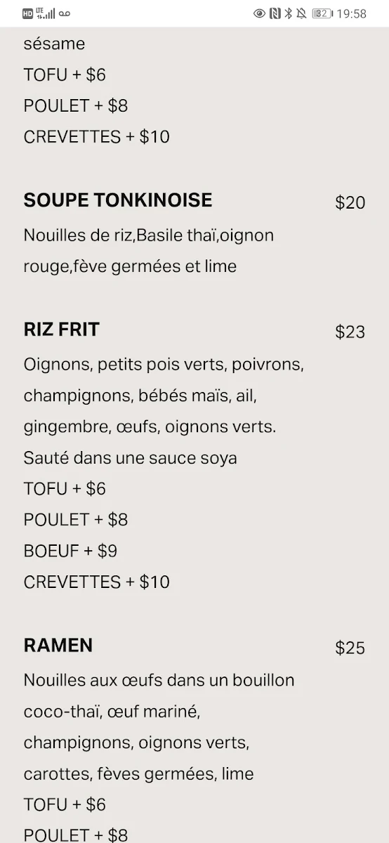 Menu, Ôwok Mont-Tremblant
