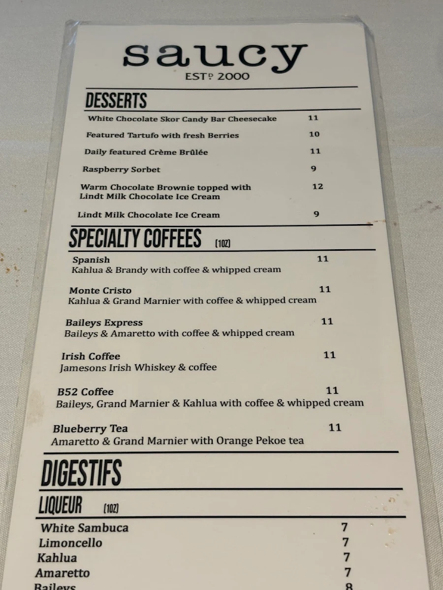 Menu, Saucy