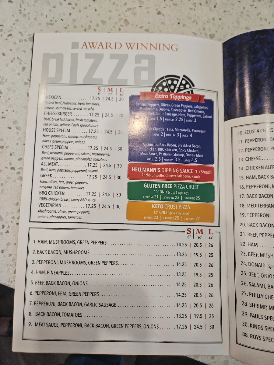 Menu, Pauls Pizza Shawnessy