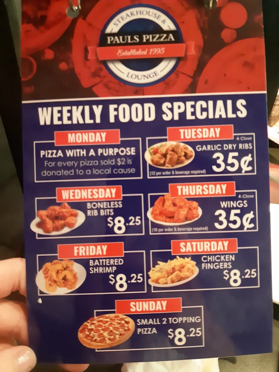 Menu, Pauls Pizza Shawnessy