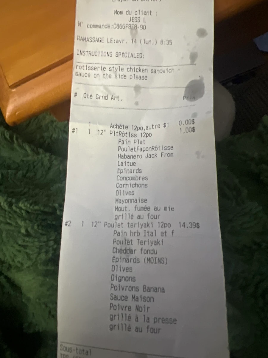 Menu, Subway