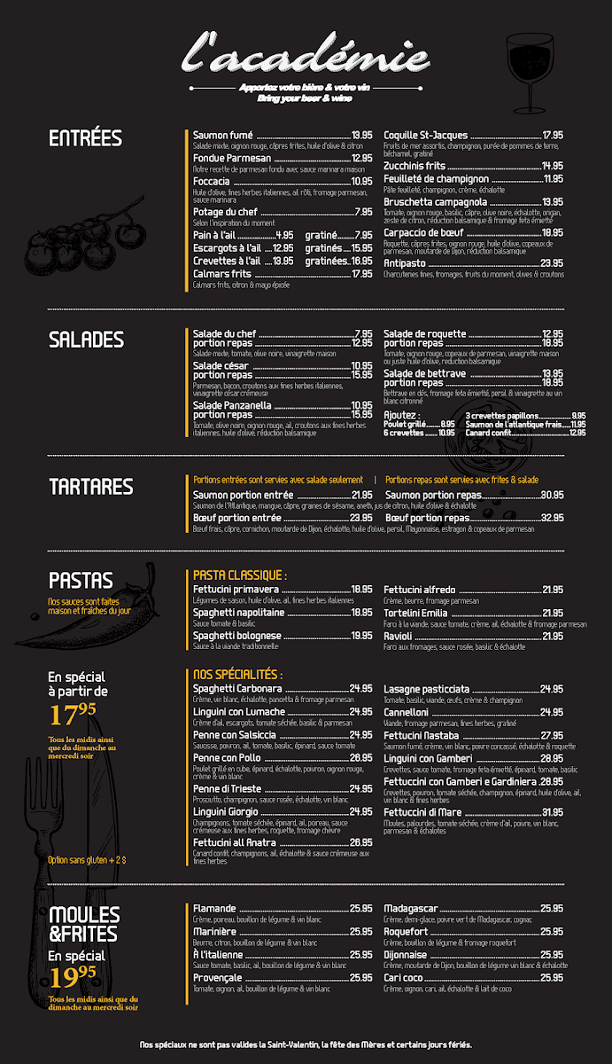 Menu, Restaurant L'Académie Gatineau