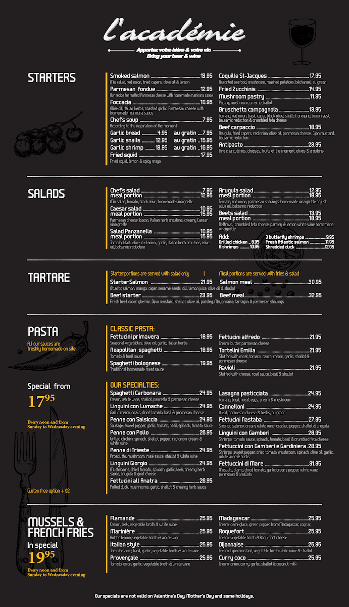 Menu, Restaurant L'Académie Gatineau