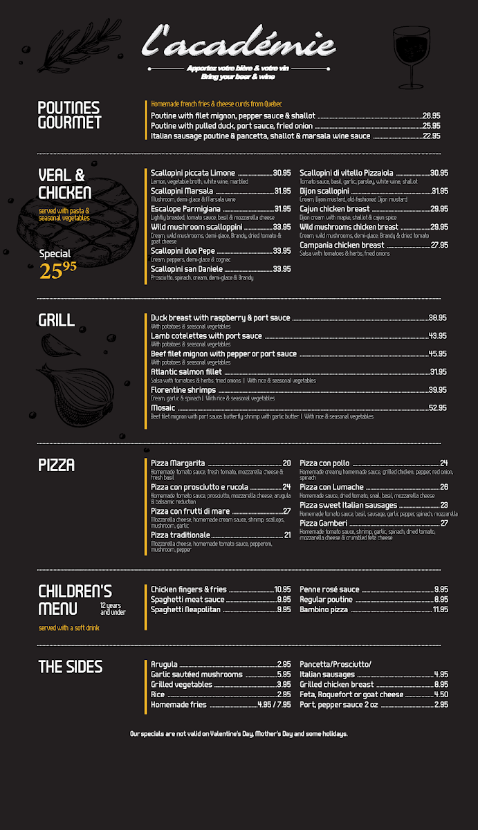 Menu, Restaurant L'Académie Gatineau