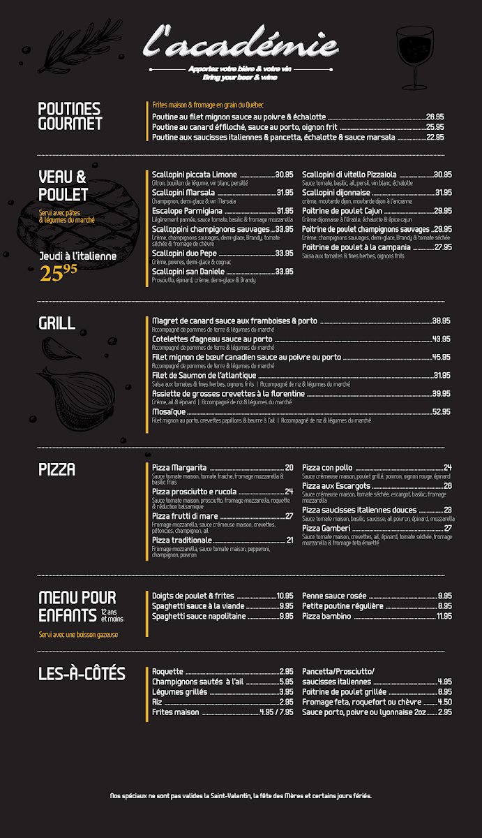Menu, Restaurant L'Académie Gatineau