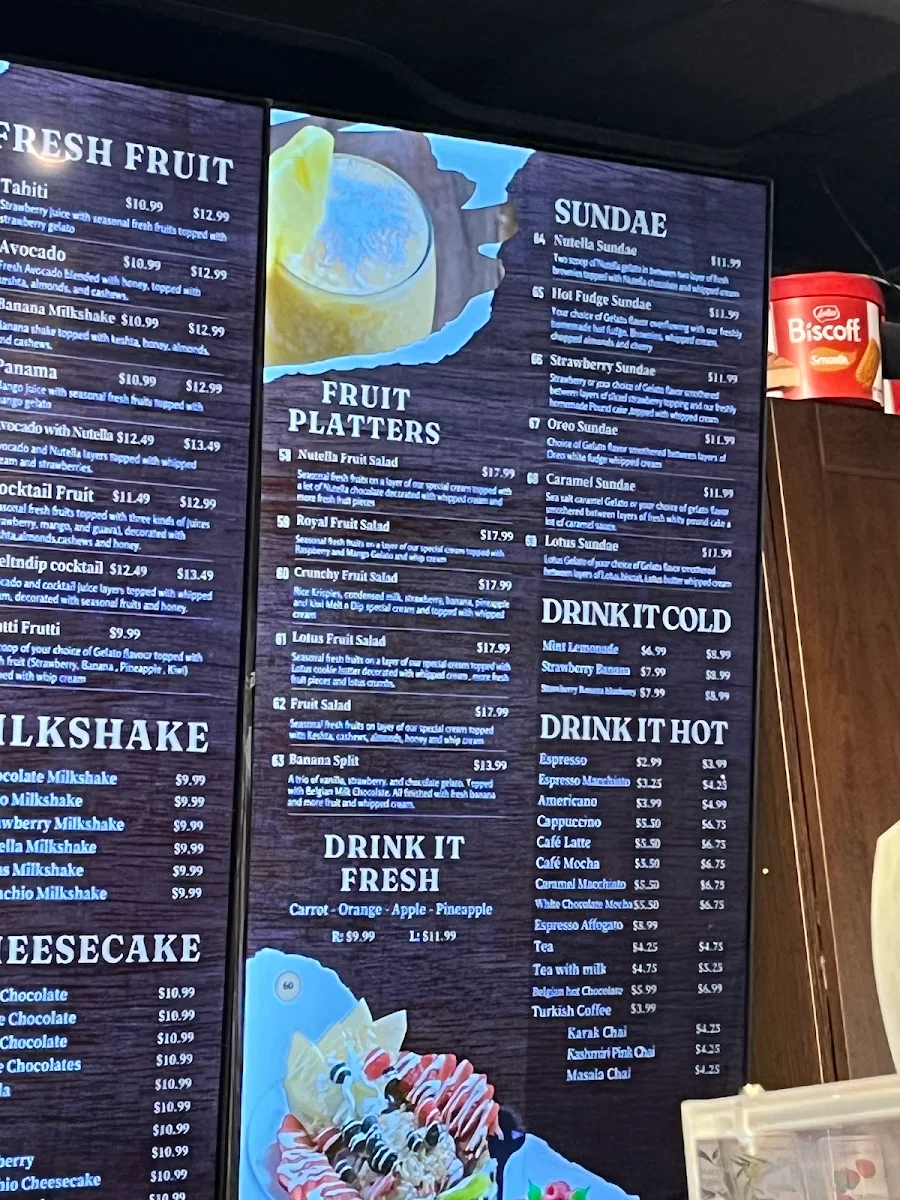 Menu, Melt n dip Sweets, Desserts and Gelato