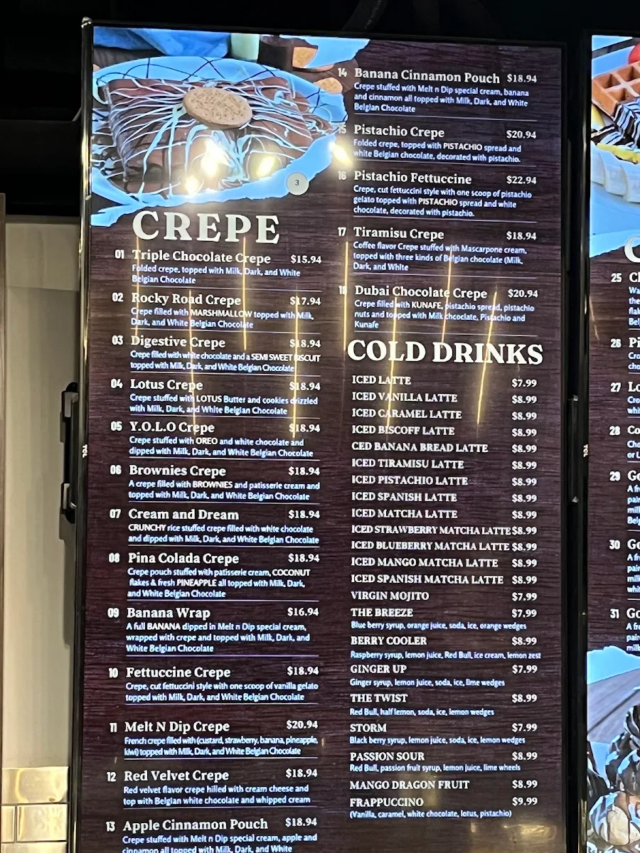 Menu, Melt n dip Sweets, Desserts and Gelato