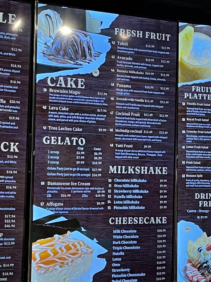 Menu, Melt n dip Sweets, Desserts and Gelato