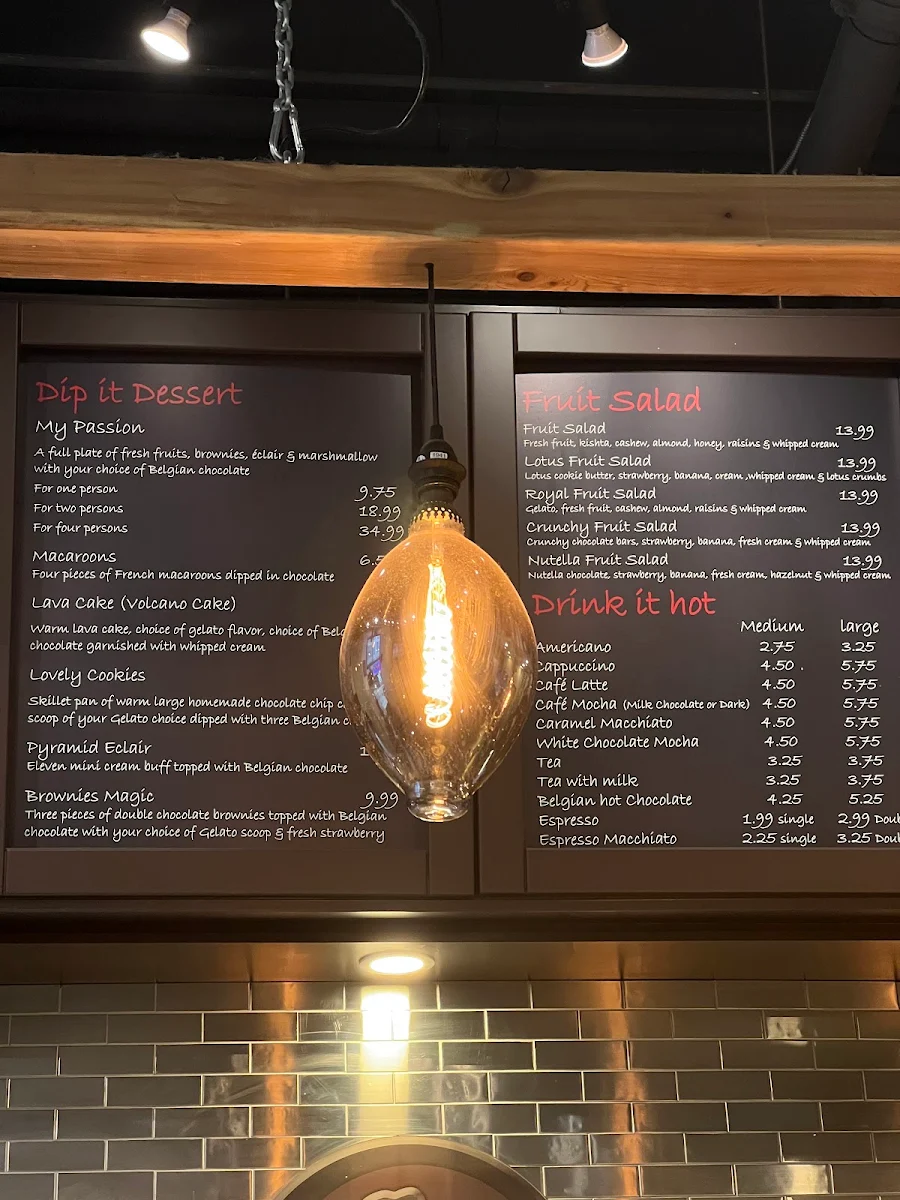 Menu, Melt n dip Sweets, Desserts and Gelato