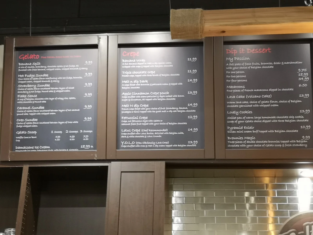 Menu, Melt n dip Sweets, Desserts and Gelato