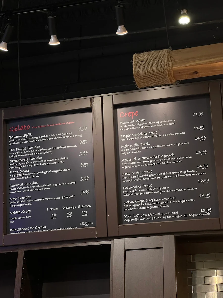 Menu, Melt n dip Sweets, Desserts and Gelato