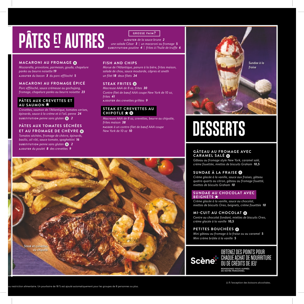 Menu, The Rec Room Royalmount