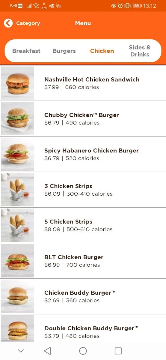 Menu, A&W Canada